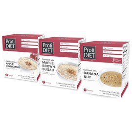 ProtiDIET High Protein Oatmeal Variety Pack - Apple Cinnamon, Maple Brown Sugar and Banana Nut - 7 Pouches Each Box