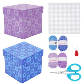 FREEBLOSS 2 Set Plastic Canvas Box Kit Cross Stitch Kit for Beginners Mesh Canvas Sheets and 4 Colors Yarn for Embroidery Crafting, Knitting Projects