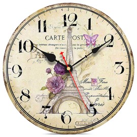 VIKMARI 14 Inch Wall Clock, Vintage/Country/French Style Wooden Clock, Family Decoration Eiffel Tower Retro Wood Clock, Silent Non-Ticking Round Painted Paris Tower Floral Retro Style Hanging Clocks