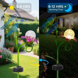 Solar Butterfly Garden Lights-Solar Powered Outdoor Decorative Lights with Metal Stakes & Butterfly Decor Waterproof Crackle Glass Globe Led Landscape Lighting for Garden Pathway Lawn Yard (1PC)