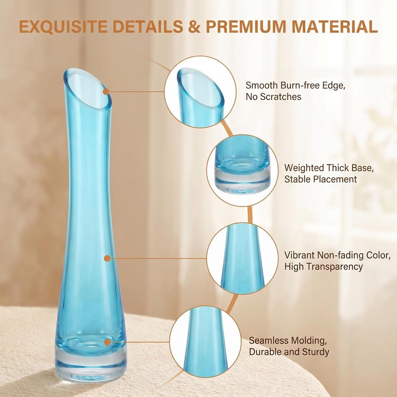 Happyupcity 9" Slanted Mouth Blue Glass Bud Vase, Single Stem