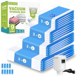 Bestash Vacuum Bags for Clothes, Duvets, Pack of 9 Vacuum Bags for Clothing, Travel Vacuum Bags with Pump for Travel and Clothes Storage & Organisation