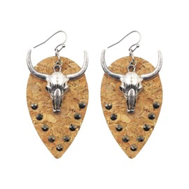 ZIVEMOT Western Cowgirl Vintage Cowhide Leather Rhinestone Earrings Longhorn Cow Charms Drop Earrings Jewelry (yellow)