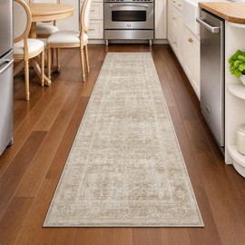 2x8 Hallway Runner Rug Washable Beige Neutral Vintage Distressed