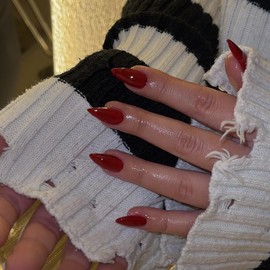 48Pcs Wine Red Press on Nails Almond Fake Nails Glue on Nails Medium Length Almond Shaped Nails Press ons, Stiletto False Nails for Women, Red Medium Almond Nails, Thick Natural Acrylic Gel Nails