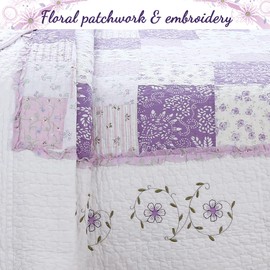 Cozy Line Home Fashions 100% Cotton Hand Pieced Real Patchwork Floral Scalloped Edge Country Quilt Bedding Set, Reversible Coverlet Bedspread for All Seasons (Love of Lavender, Queen - 3 Piece)
