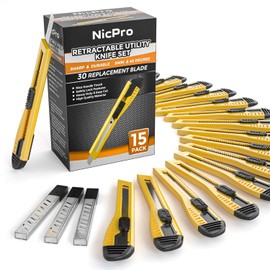 Nicpro 15 PCS Utility Knife Box Cutters Retractable Razor Knife 9mm with 30 PCS Extra Snap Off Blades for Lightweight Office, Home, Arts Crafts, Hobby