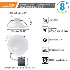 Run Bison 8 Inch Recessed LED Commercial Downlight with J-Box, Wattage Adjustable 16/21/27W,3 Color Selectable 3000K-5000K, 120-277V,0-10V Dimmable, IC Rated,Canless LED Downlight-2 Pack
