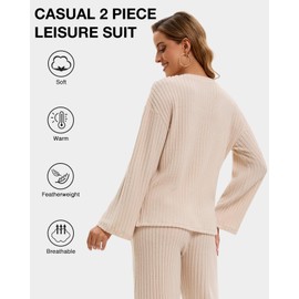 LEYSHE Two-Piece Long Sleeve Leisure Suit Women's Elegant Lounge Set V-Neck Leisure Suit Ribbed Outfit Knitted Set Women's Tracksuit Pyjamas Winter, beige