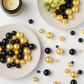 UDU 200 Pcs Vase Filler Pearl Beads No Hole Faux Polish Pearls for Centerpieces Vases Beads for Floating Candles Home Birthday Wedding Party Table Decor (Black and Gold)