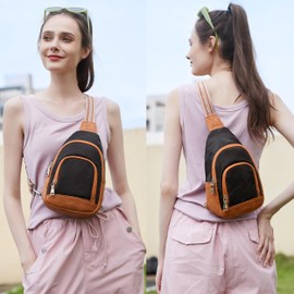 Fanny Packs for Women Small Crossbody Bags Sling Purses Anti Theft Cross Body Shoulder Bag for Travel Work Waterproof Nylon Chest Bag with Leather Gifts for Mom（Brown- Geometric Black）