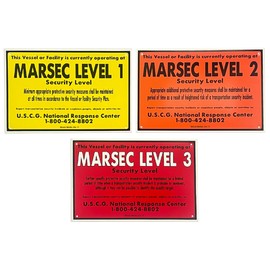 "MTSA-MARSEC Level 1, 2, & 3 Sign Pack” Multi-Color Set Printed on Tough Polyethylene, Yellow and Black, Orange and Black, and Red, Black, and White, Set of 3