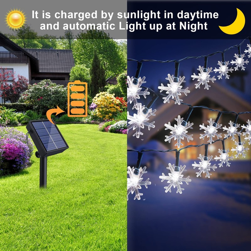 Fohil Solar String Lights Snowflake100LED 12M 8 Modes Waterproof Outdoor