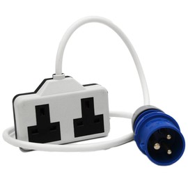 1m IP44 16a Plug to 2 x 13A Socket Fly Lead Converter. Heavy Duty Double Mains Socket Outlet for use with generator, Workshop. Industrial style blue outdoor type plug to standard double UK AC outlet