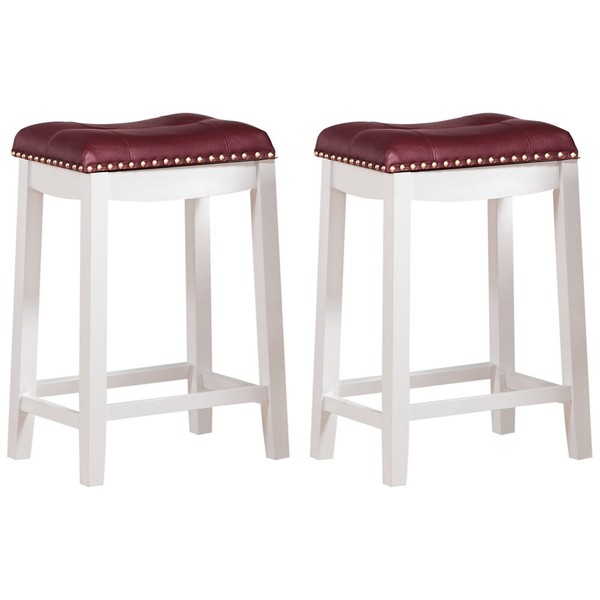 Angel Line Cambridge bar stools, 24" Set of 2, White with Dark Red Cushion