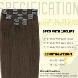 SAFIRENY Clip in Hair Extensions Real Human Hair Medium Dark Brown,120g 22 Inch,Remy Human Hair Extensions Clip ins for Women,Natural Human Hair 6pcs Per Set with 18 Clips(#4,22'')