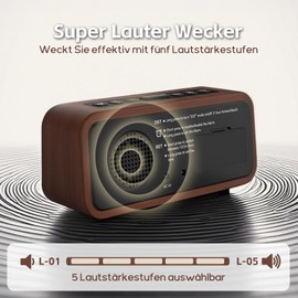 Alarm Clock Loud for Deep Sleepers, Wooden Alarm Clock with LED Display, 12 Alarm Ringtones, 5 Brightness Adjustable, 5 Volumes, Manual DST, Brown Retro Alarm Clock for Bedroom (Red)
