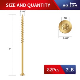 SG TZH #10 x 5 Inch Deck Screws (82Pcs) 2lb. Exterior Wood Screws. Carbon Steel, Tan, Flat Head, Rust Resistant epoxy Coated, with T25 Star Bit