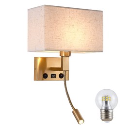 Moon rural Bedroom Wall Sconces, Hardwired Wall Lamp with USB and Reading Lamp Fabric Shade Bedside Wall Lights with Reading Lamp for Bedroom Living Room Hotels Corridors (Brass)
