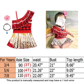 Girls' Princess One-Piece Swimsuit Bathing Suit Digital Print Moana Adventure Bikini Skirt Swimwear Outfit One Piece with Necklace and Flower (Red, 90(2-3))