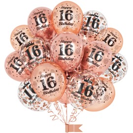 16th Birthday Balloons,15 Pcs Rose Gold Party Decorations with Happy Birthday Latex Confetti Balloons for Girls Women 16th Birthday Décor Anniversary Age Balloons