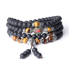 AmorWing Natural Stones Matte Onyx Brown Tiger Eye 108 Mala Beads Wrap Necklace 6mm