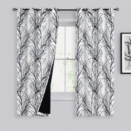 FMFUNCTEX 100% Blackout Curtains 63 Inch Length for Bedroom Living Room, Modern Black Tree Branch Printed Curtains, Thermal Insulated Grommet Room Darkening Curtains & Drapes, 2 Panels
