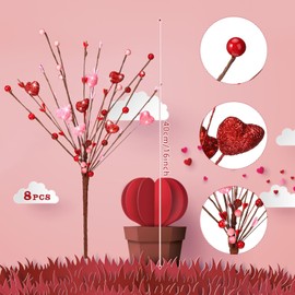 Lyrow 8 Pack Valentine's Day Artificial Glitter Berry Flower Stems Red Heart Shaped Berry Picks 16 Inch Stems Valentine's Day Gifts Flower Stems for Party Wedding Decor(Pink Red)