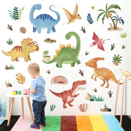 decalmile Boho Watercolor Dinosaur Wall Decals Cute Dino Tropical Palm Wall Stickers Baby Boy Kid Bedroom Playroom Wall Decor