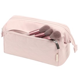NISHEL Travel Makeup Bag for Women with Front Pockets, Large Wide-open Case, Portable Organizer To Hold Travel-Size Accessory Bottles, Cosmetics, Brushes, Travel Essentials, Skincare Products, Pink