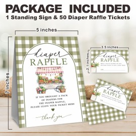 Diaper Raffle Game Kit - 50 Diaper Raffle Tickets With 1 Standing Sign - Arch & Farmers Market Theme Diaper Raffle - Baby Shower Gender Neutral Gender Reveal Party Decorations and Supplies - A03