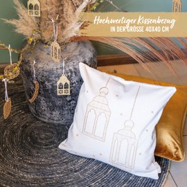 Papierdrachen Cushion Cover as Ramadan Decoration – High-Quality Gold Embroidered with Lantern Motif – 40 x 40 cm – Seasonal Sugar Festival Decoration