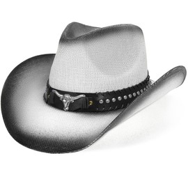 WQWOVRVO Cowboy Hat,Cowgirl Hat,Western Cowboy Hats for Women/Mens/Straw Wide with Shapeable Brim Cowboy Hat for Womens (US, Alpha, One Size, Black & White Color)