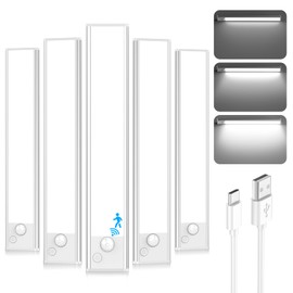 Under Cabinet Lights, LED Rechargeable Battery Operated Motion Sensor Lights Indoor, 6500K Magnetic Dimmable Closet Lights, 1500mAh Wireless Under Counter Night Lights for Kitchen, Home, 5 Packs