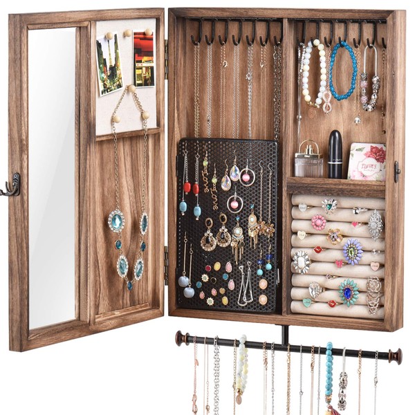 Keebofly Wall Mounted Jewelry Organizer Box Rustic Wood Large Space Jewelry Cabinet Holder Jewelry Storage Box for Necklaces, Earrings, Bracelets, Ring Holder, and Accessories (Carbonized Black)