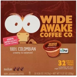 (Pack of 1) Wide Awake Coffee 100% Columbian Coffee Single Serve 32 Pods 11.57 OZ