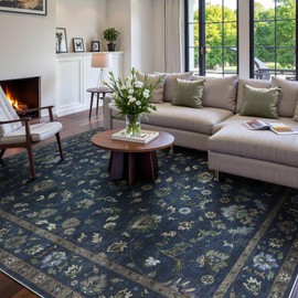 Wonnitar Vintage Floral Rugs for Living Room, Washable 8x10 Area Rugs, Low Pile Non Shedding Stain Resistant Rugs for Bedroom Dining Room Home Office Department,(Blue,8x10)