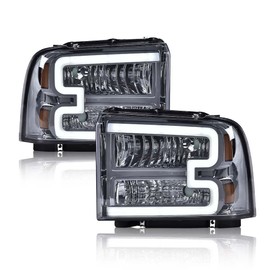 PIT66 LED Headlight Assembly Compatible with 2005-2007 Ford F250 F350 F450 F550 Super Duty/ 2005 Excursion,(Not Fit Sealed Beam Headlight model) Headlamps Smoky Lens Chrome Housing Amber Reflector