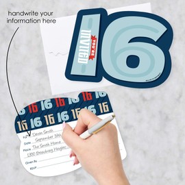 Big Dot of Happiness Boy 16th Birthday - Shaped Fill-In Invitations - Sweet Sixteen Birthday Party Invitation Cards with Envelopes - Set of 12