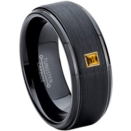 Brushed Black Tungsten Carbide Mens Wedding Band with 0.05ctw - 0.10ctw Princess Cut Citrine Birthstone Tungsten Ring - Stepped Edge Comfort Fit Tungsten Anniversary Ring - RG Bezel