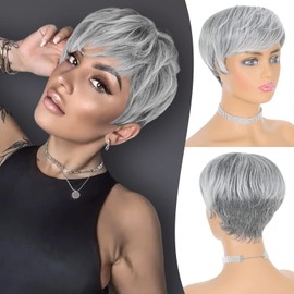FESHFEN Short Pixie Cut Wigs Synthetic Ombre Gray Pixie Haircut Wig with Bangs Glueless Layered Wavy Wigs for Women, Grey to Black