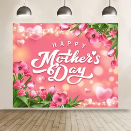 ChloropLastid Mothers Day Backdrop 10x8ft Happy Mother's Day Banner Decorations Pink Flowers Tulip Mother's Day Photography Background Mother's Day Photo Backdrop