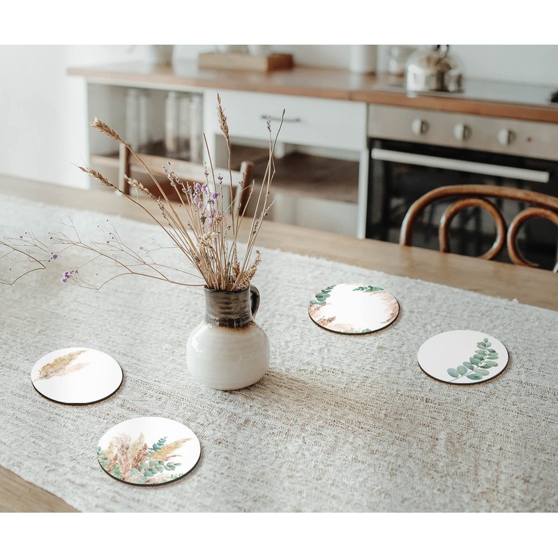 4 x Round Sage Green Coasters - Leaves Leaf Pattern