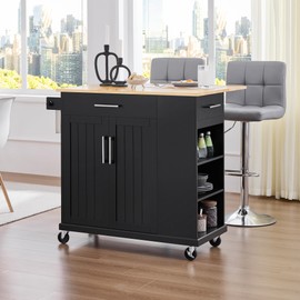 Yaheetech Rolling Kitchen Island Cart with Drop Leaf, Portable Rubberwood Breakfast Bar with Storage Cabinet, Open Shelves & Detachable Towel, 2 Drawers, Black