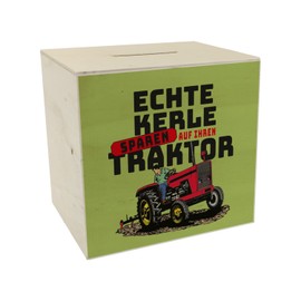 Real guys save on their tractor money box made of wood for farmers in green real village child who later wants to drive a thick bulldog for women