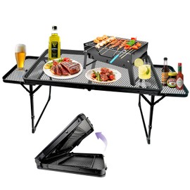 BRIAN & DANY Folding Grill Table Camping Table, Metal Portable Picnic Table, Lightweight Height Adjustable Foldable Table for Outdoor, Black, 40.16"x15.7"x11.8/14.9"