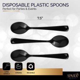 SparkSettings Black Disposable Plastic Spoons - Heavy Duty Silverware, Ideal for Hot & Cold Food, Perfect for Home, Office, School, Parties & Weddings - 50 Pack