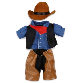 DolliBu Cowboy Stuffed Animal Dress Up Set - Western-Themed Outfit with Hat, Jeans, Vested Shirt, Bandana Cowboy Costume - Pretend Play Clothes for Teddy Bears - Large for 8 to 10 Inch Plush Toys