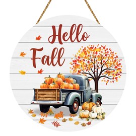 Fall Door Decor Fall Truck Wall Decor Hello Fall Door Sign Wooden Fall Door Wreath Rustic Truck Maple Leaf Pumpkin Door Hanger for Harvest Thanksgiving Porch Farmhouse Indoor Decor