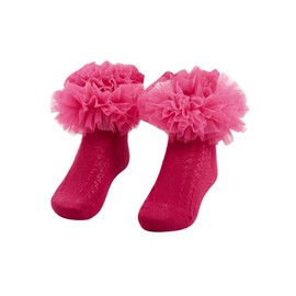 OYOANGLE Girl's 1 Pairs Cute Ruffle Trim Ankle Socks Breathable Lightweight Dress Sock Hot Pink 11-14Y